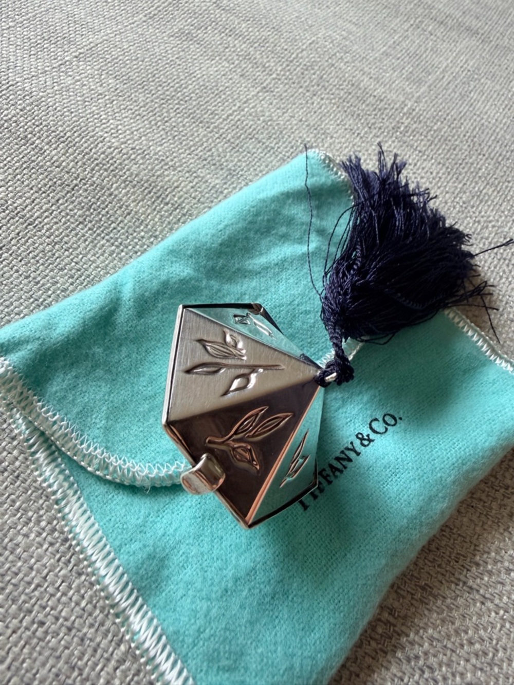 RARE Tiffany & Co. Sterling Silver 925 Diamond Shape Pill Box with Blue Tassel